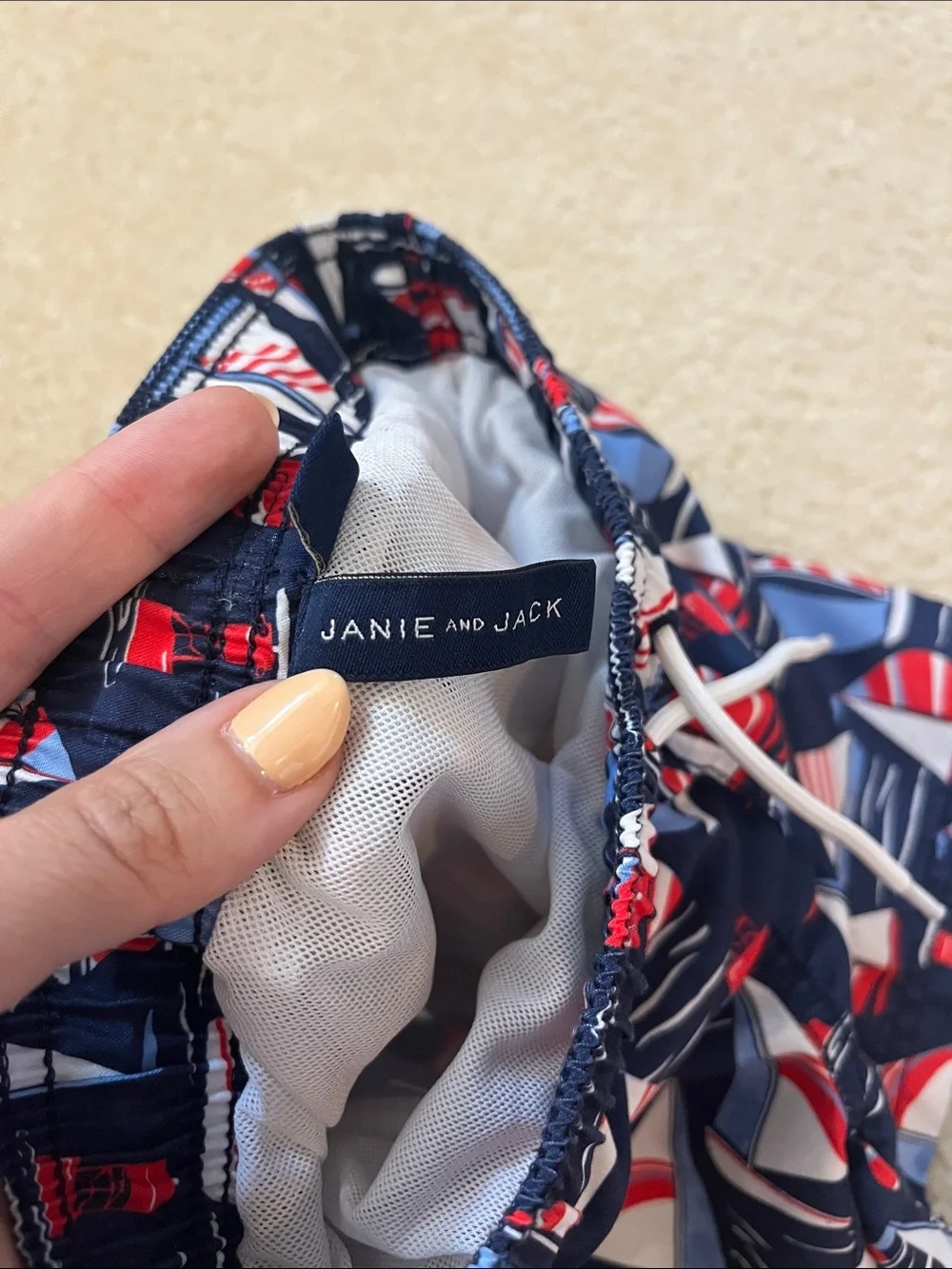 Janie and Jack Navy Swim Shorts with Red & Light Blue Sailboat Print